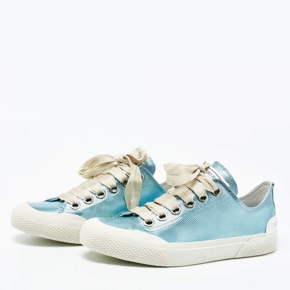 Sergio Rossi Shoes - Sergio Rossi Metallic Blue Leather Lace Up Sneakers Women’s Size 36